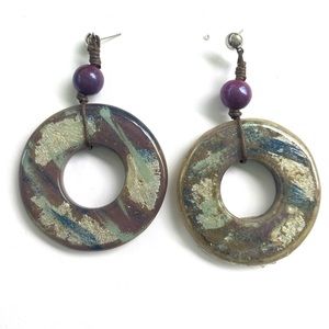 Purple pearlized wrapped wrap bead loop thread dangle foil earring dangling